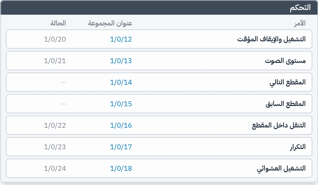 أسطر التحكم: التشغيل، مستوى الصوت، تغيير المقطع وإسناد عناوين المجموعات