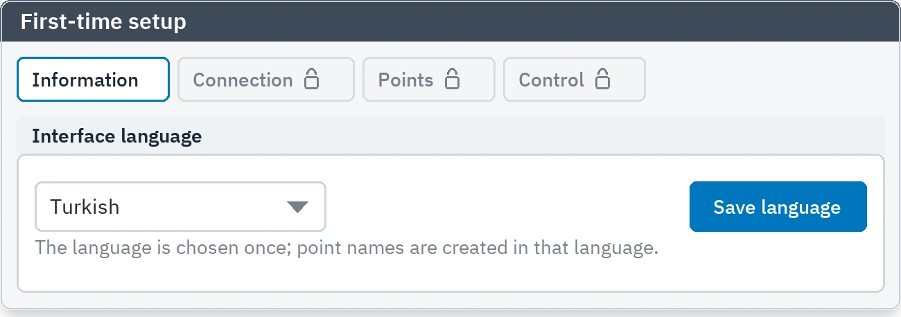 First run: the tabs stay locked until a language is chosen