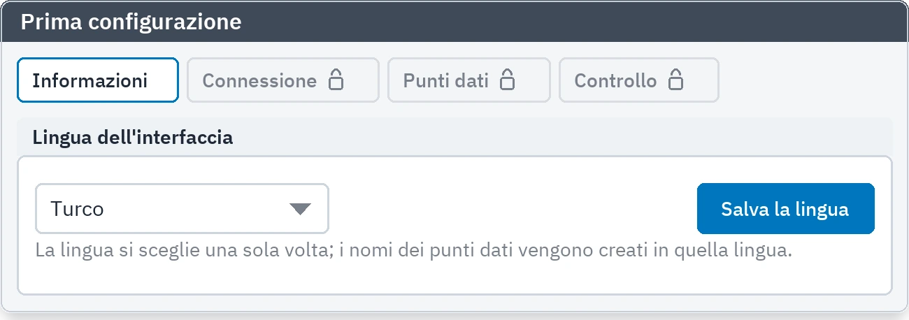 Primo avvio: le schede restano bloccate finché non si sceglie una lingua