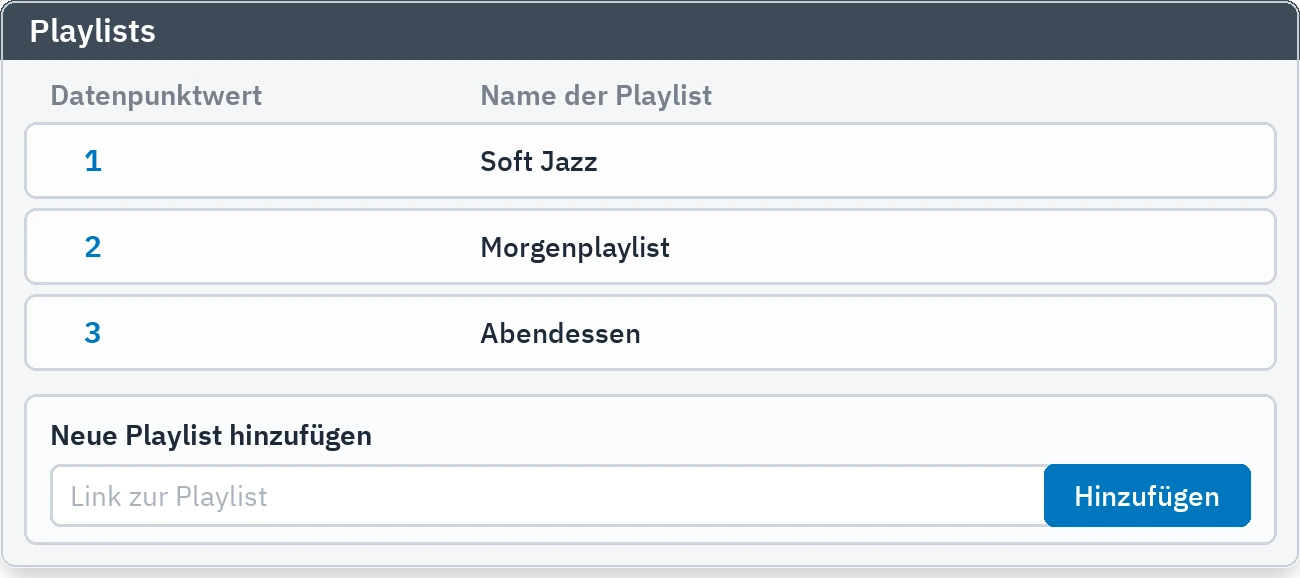 Playlists: die angelegten Listen und die Zeile zum Hinzufügen
