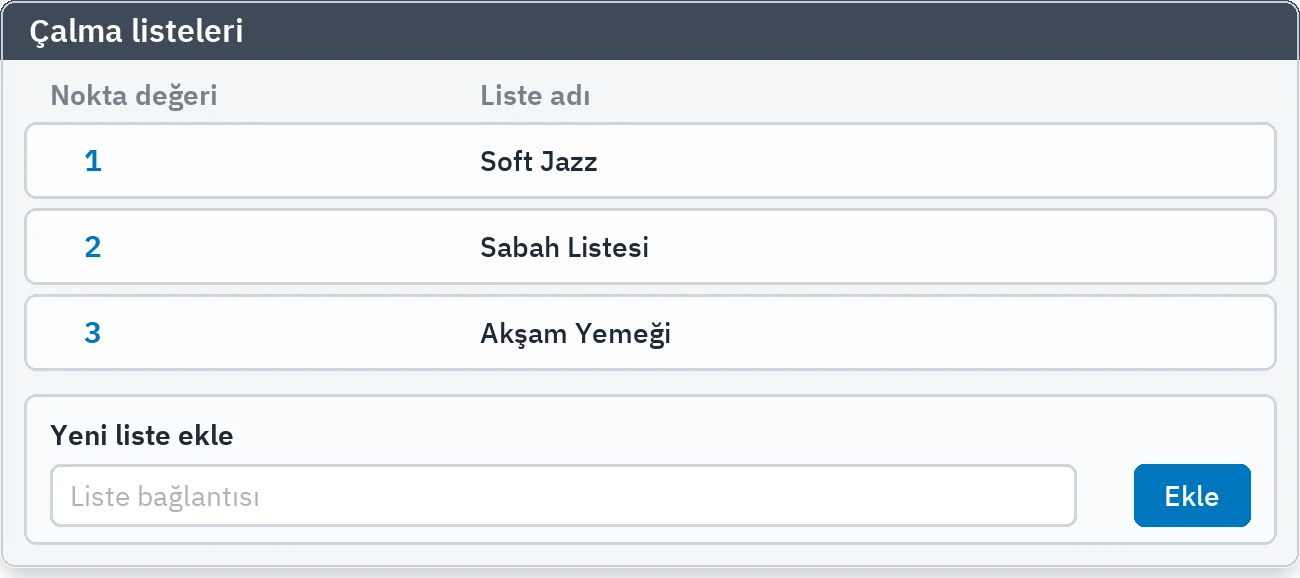 Çalma listeleri: tanımlı listeler ve ekleme satırı