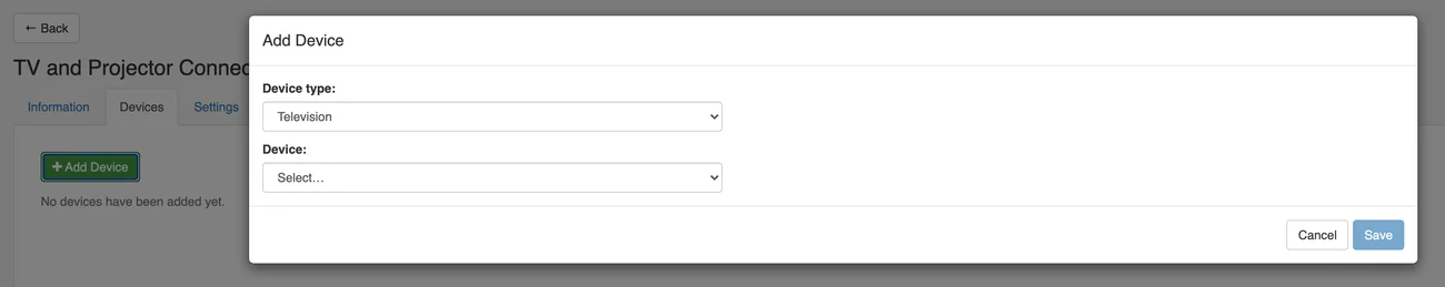 Add-device dialog: choosing the device type and the model