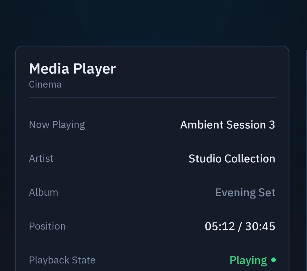 Media player card: the title, artist and album of what is playing, the position and the playback state
