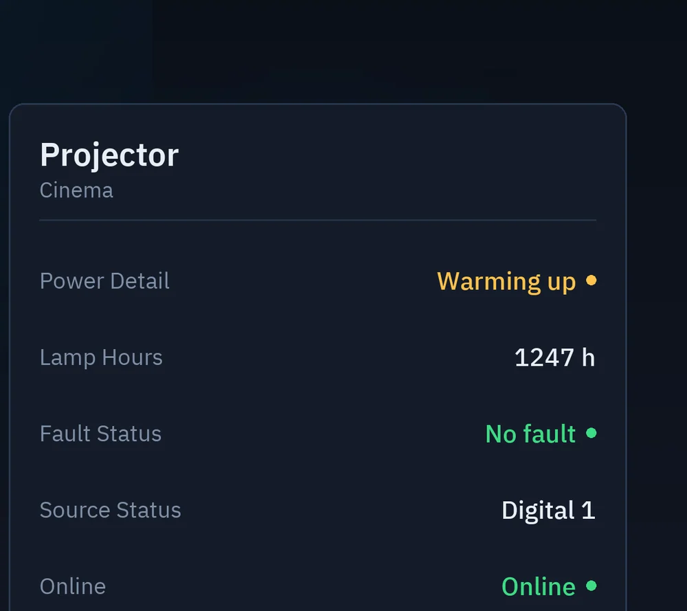 Projector card: power detail, lamp hours, fault state, source state and online state