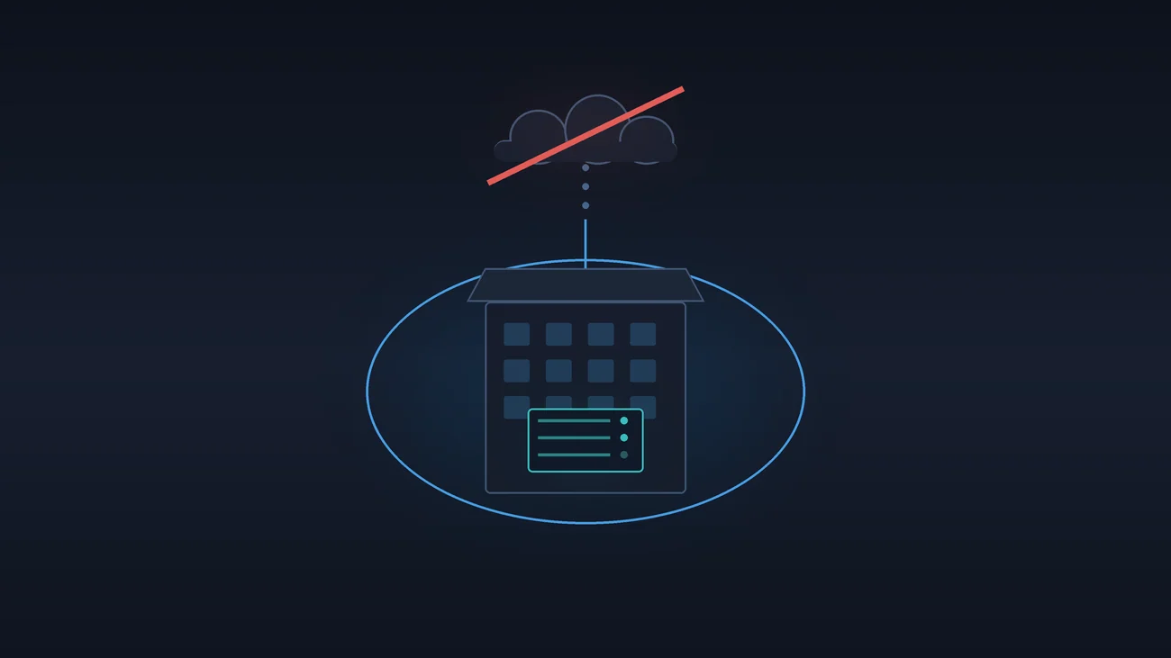Illustration of a crossed-out cloud and a local network attached to the automation server: control does not leave the building