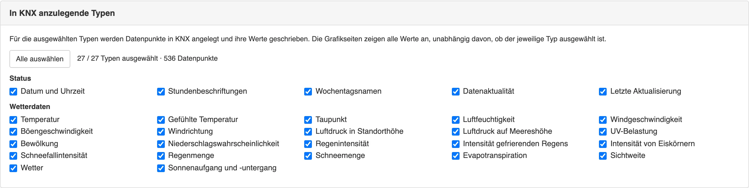 Die KNX-Typauswahl der Anwendung zeigt alle 27 ausgewählten Typen, die Schaltfläche „Alle auswählen“ und den Zähler mit 536 Datenpunkten