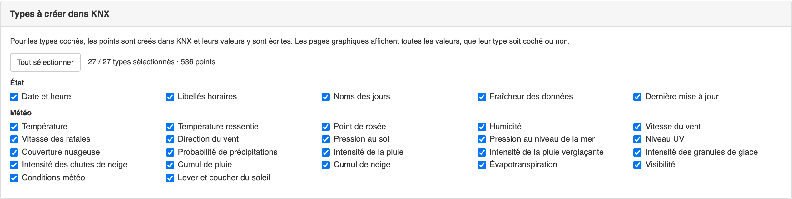 La carte de sélection des types KNX de l'application montre les 27 types cochés, le bouton « Tout sélectionner » et le compteur de 536 points
