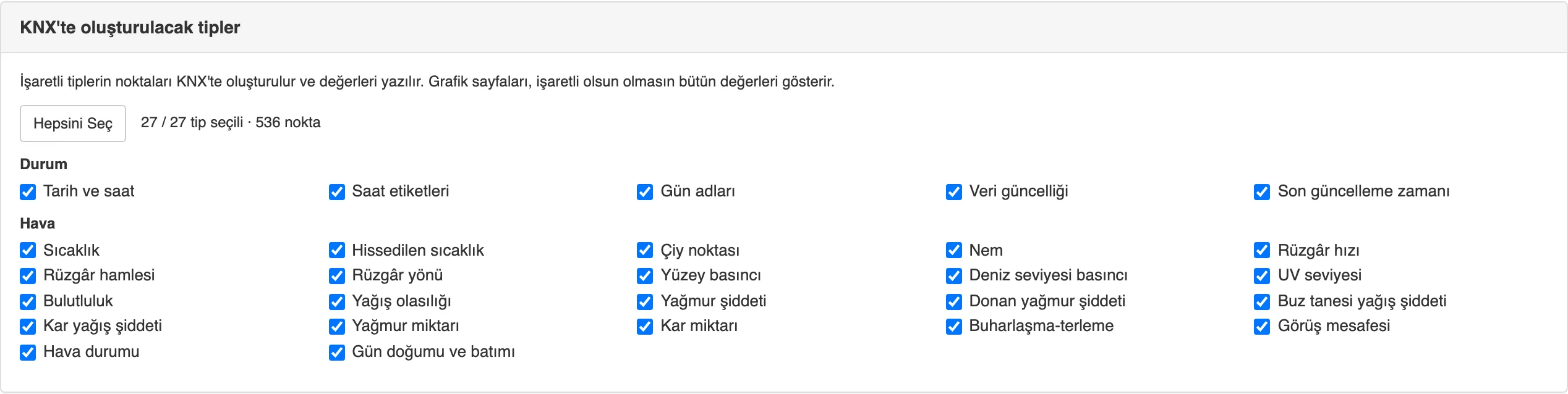 Uygulamanın KNX tip seçimi kartı, işaretli 27 tipi, Hepsini Seç düğmesini ve 536 noktalık sayacı gösterir