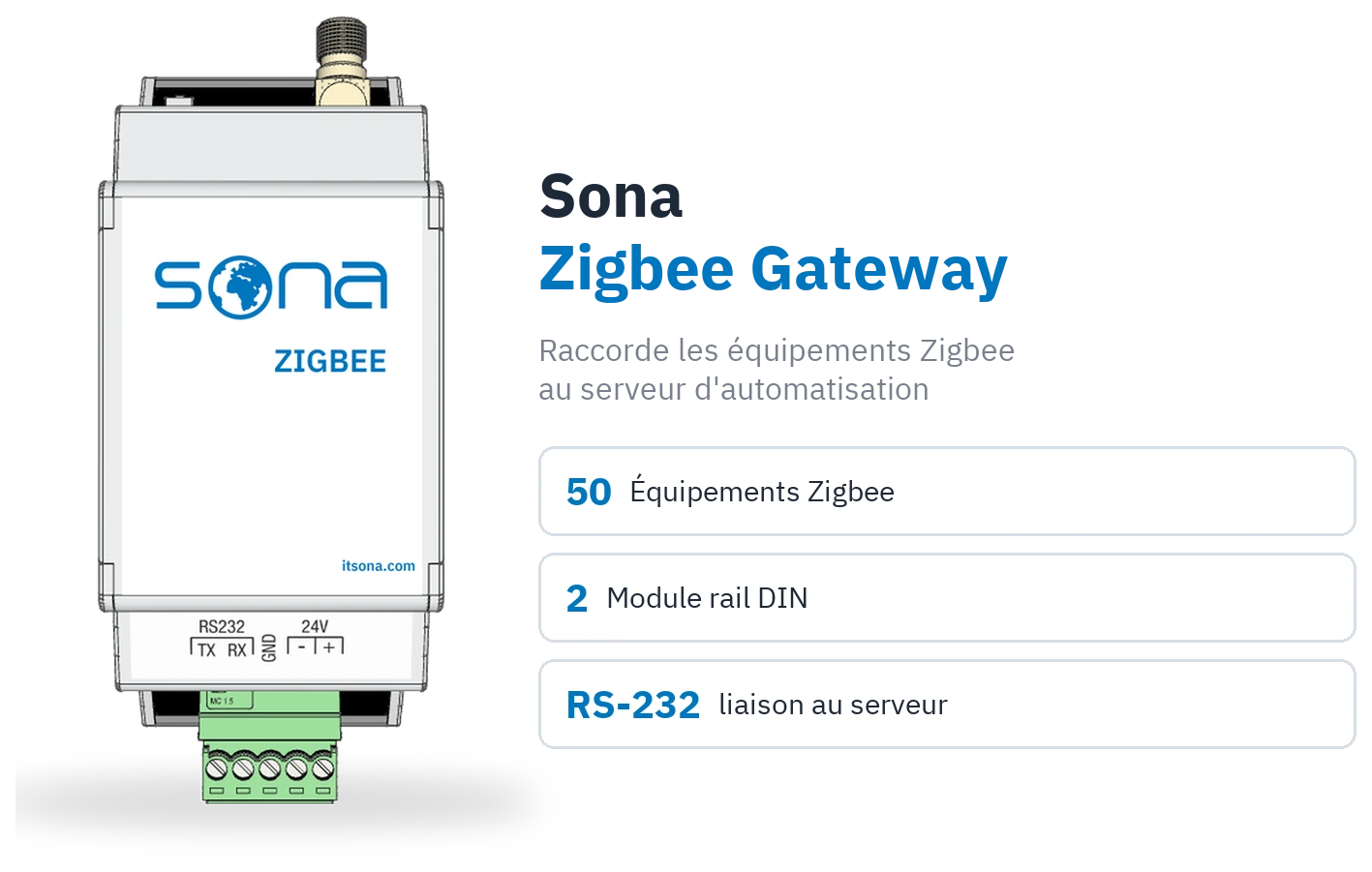 Photo du produit Sona Zigbee Gateway, avec les pastilles 50 appareils Zigbee, 2 modules DIN et liaison serveur RS-232